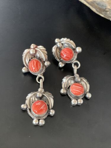 Native American Handmade Navajo Red Spiny Oyster Dangle Earrings | Sterling Silver | 2061