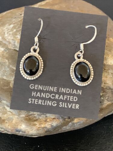 Native American Navajo Black Onyx Drop Earrings | Sterling Silver Dangle | 0.5" | 12647
