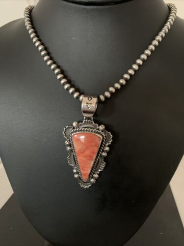 Navajo Red Spiny Oyster Pendant with Sterling Silver Pearls Necklace | Authentic Native American Handmade | 01657