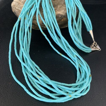 Navajo Blue Turquoise Heishi 10-Strand Liquid Sterling Necklace | 24" | Authentic Native American Handmade | 13424