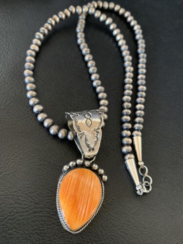 Navajo Orange Spiny Oyster Pendant Necklace | Sterling Silver | Authentic Native American Handmade | 13078