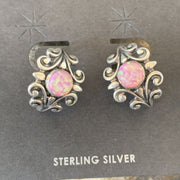 Native American Women's Navajo Hoop Earrings Set | Sterling Silver Pink Opal | 12764