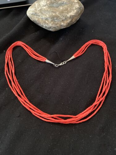 Red Stabilized Coral Heishi Necklace | 5-Strands | Sterling Silver | 20" | Authentic Native American Handmade | 00761