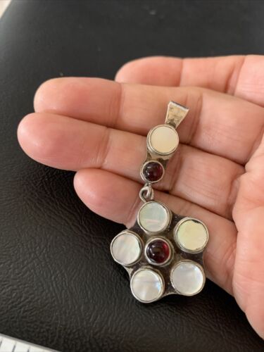 Old Pawn Vintage Multi-Stone Flower Pendant | Sterling Silver | Mother of Pearl & Garnet Dangle | 1186