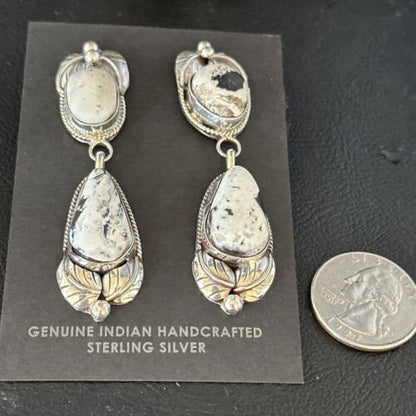 Navajo White Buffalo Turquoise Dangle Earrings | Sterling Silver | 2.5" | Authentic Native American Handmade | 14742