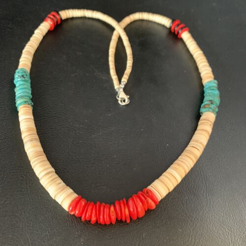 Authentic Native American Santo Domingo Necklace | Red Coral, Blue Turquoise, Onyx, Shell | 22" | 13485