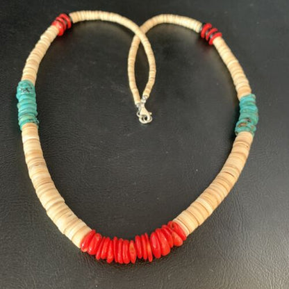 Authentic Native American Santo Domingo Necklace | Red Coral, Blue Turquoise, Onyx, Shell | 22" | 13485