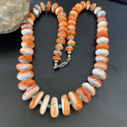 Authentic Native American Navajo Necklace | Orange Spiny Oyster & Turquoise | Sterling Silver | 22" Graduated | 11388