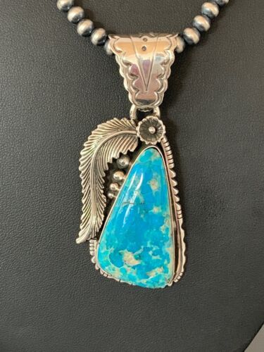 Men's Kingman Turquoise Pendant Necklace | Navajo Pearls | Sterling Silver | Authentic Native American | 4300