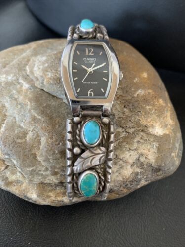 Vintage Navajo Sterling Silver Watch Tips Old Pawn Blue Turquoise Band 1450