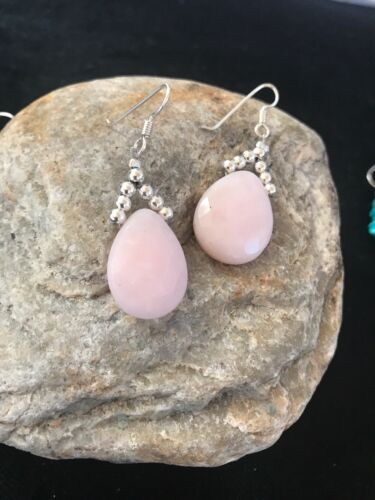 Navajo Pink Opal Bead Dangle Drop Earrings | Sterling Silver | Authentic Native American Handmade | 00304