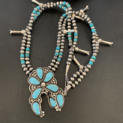Zuni Sleeping Beauty Turquoise Inlay Necklace | Sterling Silver Squash Blossom | 12232