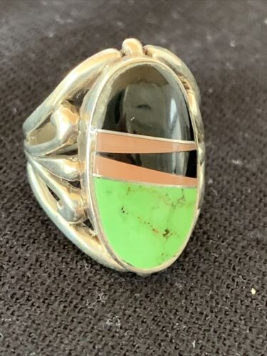 Native American Gaspeite, Onyx & Opal Inlay Ring | Sterling Silver | Sz 7 | 01488