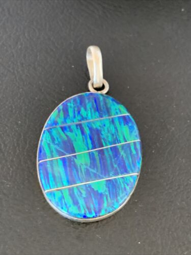 Authentic Native American Navajo Sterling Silver Blue Opal Inlay Pendant | Handmade Jewelry | 13138