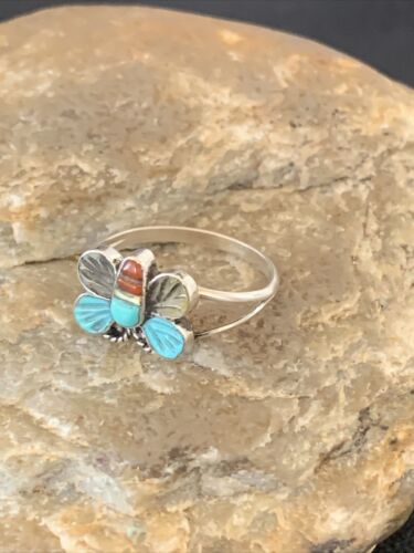 Navajo Blue Turquoise Butterfly Ring | Authentic Native American Sterling Silver | Multi-Stone | Sz 7.5 | 10785