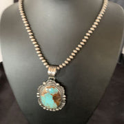 Navajo Pearls Necklace with Blue Turquoise #8 Pendant | Sterling Silver | Authentic Native American Handmade | 11312