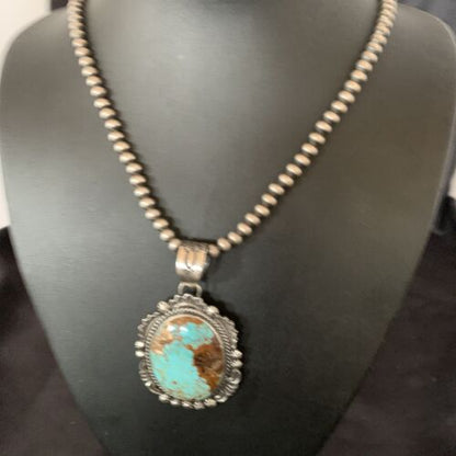 Navajo Pearls Necklace with Blue Turquoise #8 Pendant | Sterling Silver | Authentic Native American Handmade | 11312