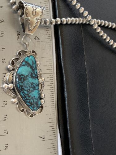 Men's Navajo Blue Spiderweb Turquoise Pendant Necklace | Sterling Silver | Authentic Native American Handmade | 10661
