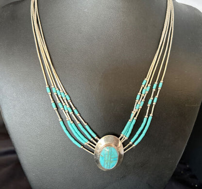 Liquid Silver Heishi 5-Strand Pendant Necklace | Sterling Silver | Turquoise | Navajo | 14820