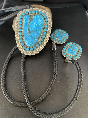 Navajo Blue Kingman Turquoise Bolo Tie | Sterling Silver | Authentic Native American Handmade | 14228