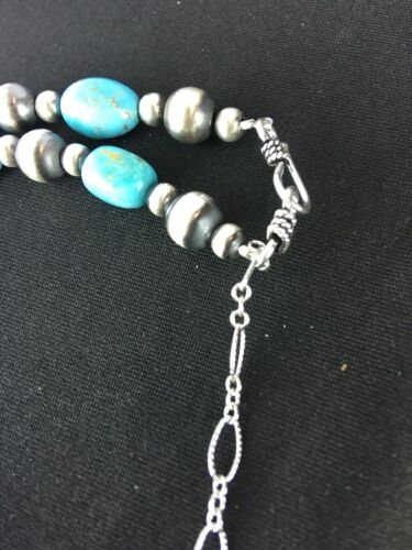 Authentic Native American | Navajo Sterling Silver Turquoise Necklace | Blue Green | 18" | 384