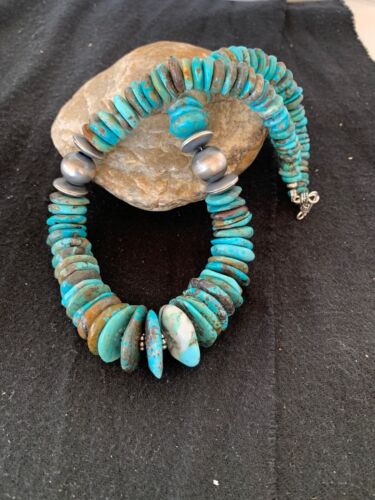 Authentic Navajo Sterling Silver & Turquoise Graduated Necklace | 18" | Native American Jewelry | 4241 - Masha USA