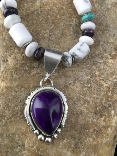 Men's Navajo Purple Sugilite Turquoise Bead Necklace | Sterling Silver | 22" | Authentic Native American Handmade | 10031