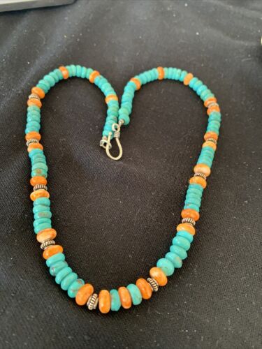 Navajo Blue Turquoise & Spiny Oyster Necklace | Sterling Silver | Authentic Native American Handmade | 18" | 1676