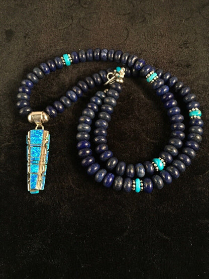 Navajo Opal, Lapis & Turquoise Inlay Pendant Necklace | Sterling Silver | Authentic Native American Handmade | 3348