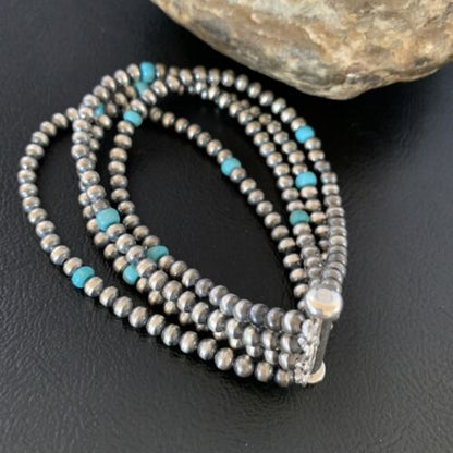 Navajo Pearls Blue Turquoise Bracelet | Sterling Silver | 4-Strand | Authentic Native American Handmade | 13148