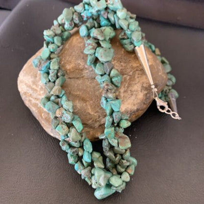 Navajo Green Turquoise Nugget Necklace | 3-Strand Braid | Sterling Silver Pearls | 20" | 11833