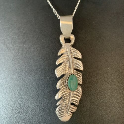 Navajo Green Turquoise Feather Pendant Necklace | Sterling Silver | 16" | Authentic Native American Handmade | 13685