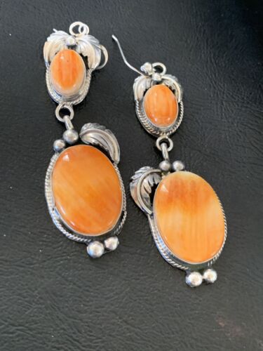 Navajo Orange Spiny Oyster Dangle Earrings | Sterling Silver | Authentic Native American Handmade | 12200