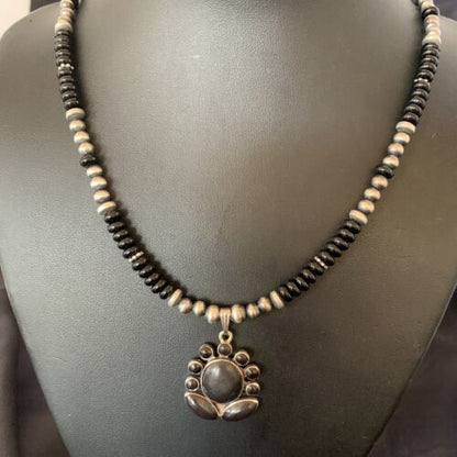 Navajo Pearl Black Onyx Necklace with Pendant | Sterling Silver | 22" | Authentic Native American Handmade | 12279