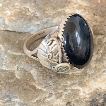Native American Old Pawn Navajo Black Onyx Ring | Sterling Silver | Sz 9.5 | 11951 - Masha USA