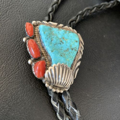 Ultra Rare Men's Bolo Tie | Blue Kingman Turquoise & Coral | Sterling Silver | Navajo | 13669