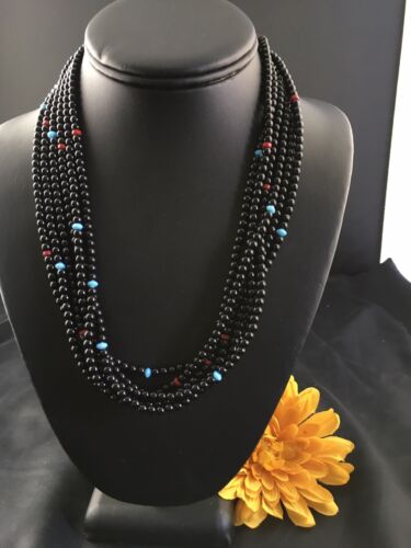Navajo Black Onyx Coral Turquoise Bead Necklace | Sterling Silver | 18" | Authentic Native American Handmade | 10171