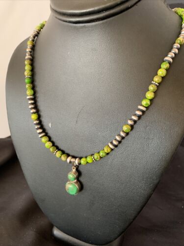 Navajo Green Gaspeite Turquoise Pendant | Sterling Silver | Authentic Native American Handmade | 12267
