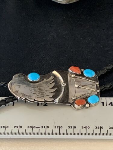 Navajo Eagle Head Bolo Tie | Men's Blue Kingman Turquoise Coral | Sterling Silver | 13670 - Masha USA