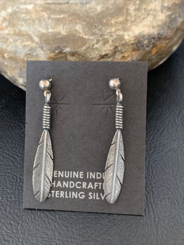 Old Pawn Southwestern Sterling Silver Dangle Feather Earrings | 1" | 12989