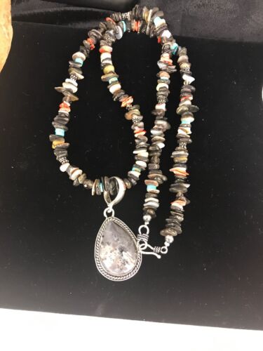 Navajo Turquoise Spiny Oyster Abalone Pendant Necklace | Sterling Silver | Authentic Native American Handmade | 11886