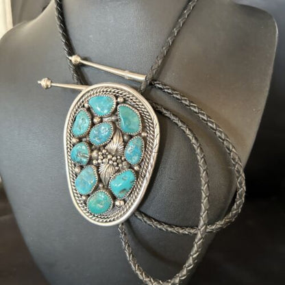 Men's Bolo Tie | Cluster Blue Kingman Turquoise | Sterling Silver | Navajo | Authentic Native American Handmade | 14522
