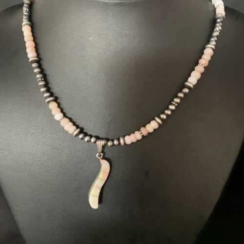 Navajo Pink Opal Beads Necklace Multi-Stone Mother of Pearl Inlay Pendant | Sterling Silver | 13458
