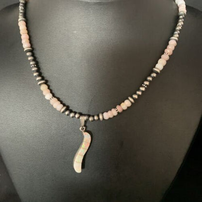 Navajo Pink Opal Beads Necklace Multi-Stone Mother of Pearl Inlay Pendant | Sterling Silver | 13458