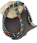 Navajo Black Onyx Coral Turquoise Bead Necklace | 3-Strand Sterling Silver | 24" | 1230