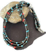 Navajo Black Onyx Coral Turquoise Bead Necklace | 3-Strand Sterling Silver | 24" | 1230