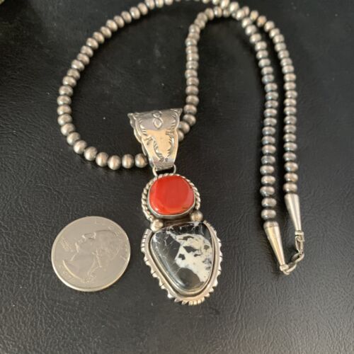 Navajo White Buffalo Turquoise Coral Pendant | Sterling Silver | Multi-Stone Necklace | 13579