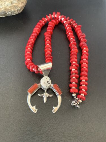 Navajo White Buffalo Turquoise Coral Naja Pendant | Sterling Silver | Authentic Native American Handmade | 10253