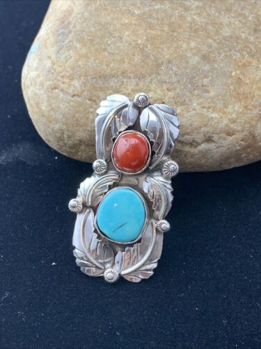 Navajo Royston Turquoise & Coral Ring | Authentic Native American Sterling Silver | Multi-Stone | Sz 8 | 01810