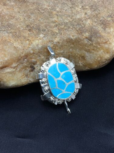 Authentic Native American Zuni Sterling Silver Turtle Pin Pendant | Blue Turquoise | Handmade | 2805